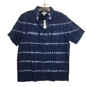 Sun + Stone Men L Short Sleeve Linen/ Cotton Button Down Navy Blue Tie-Dye Shirt